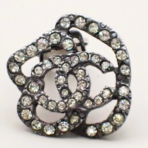 CHANEL Logo Camellia Motif Rhinestone Earrings 00A Silver France - Picture 16 of 16